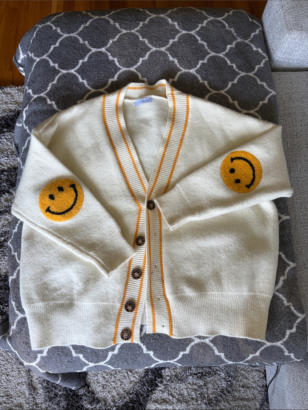 Dressed in LALA Cream V-Neck Cardigan with Yellow Smiley Elbow Patches